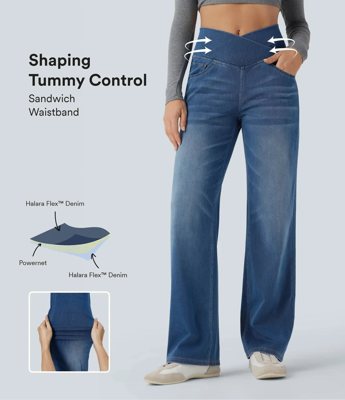 Mercer & Bloom UltraStretch™ crossover high waisted tummy control casual straight leg jeans with front pockets.