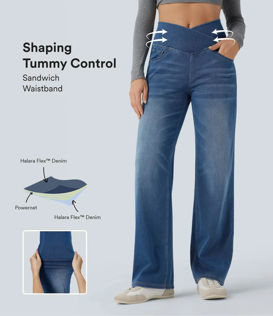 Mercer & Bloom UltraStretch™ crossover high waisted tummy control casual straight leg jeans with front pockets.