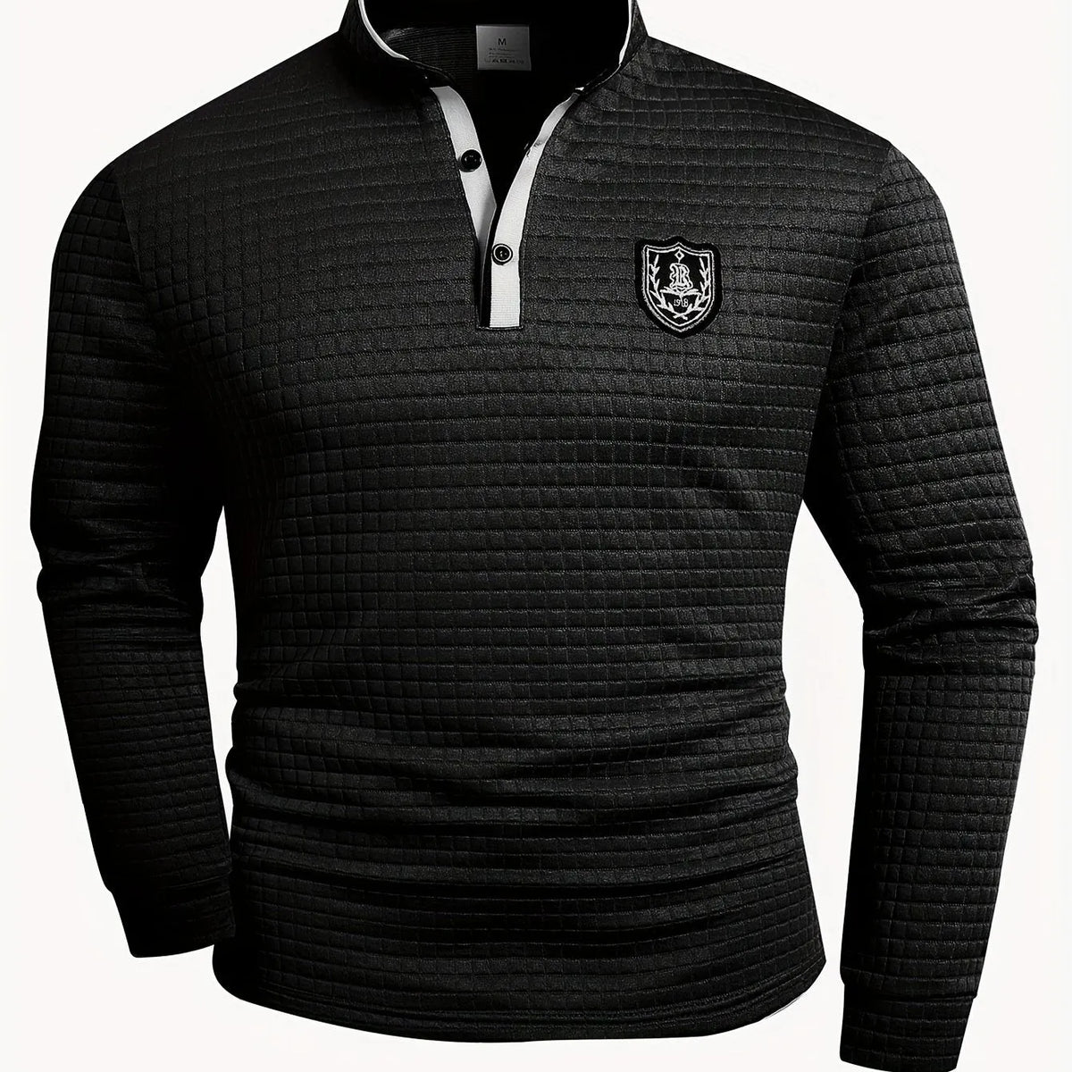 Men's Homixa solid color knit checked Henley shirt with button-front closure, long sleeves, and classic collar.