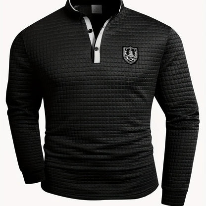 Men's Homixa solid color knit checked Henley shirt with button-front closure, long sleeves, and classic collar.