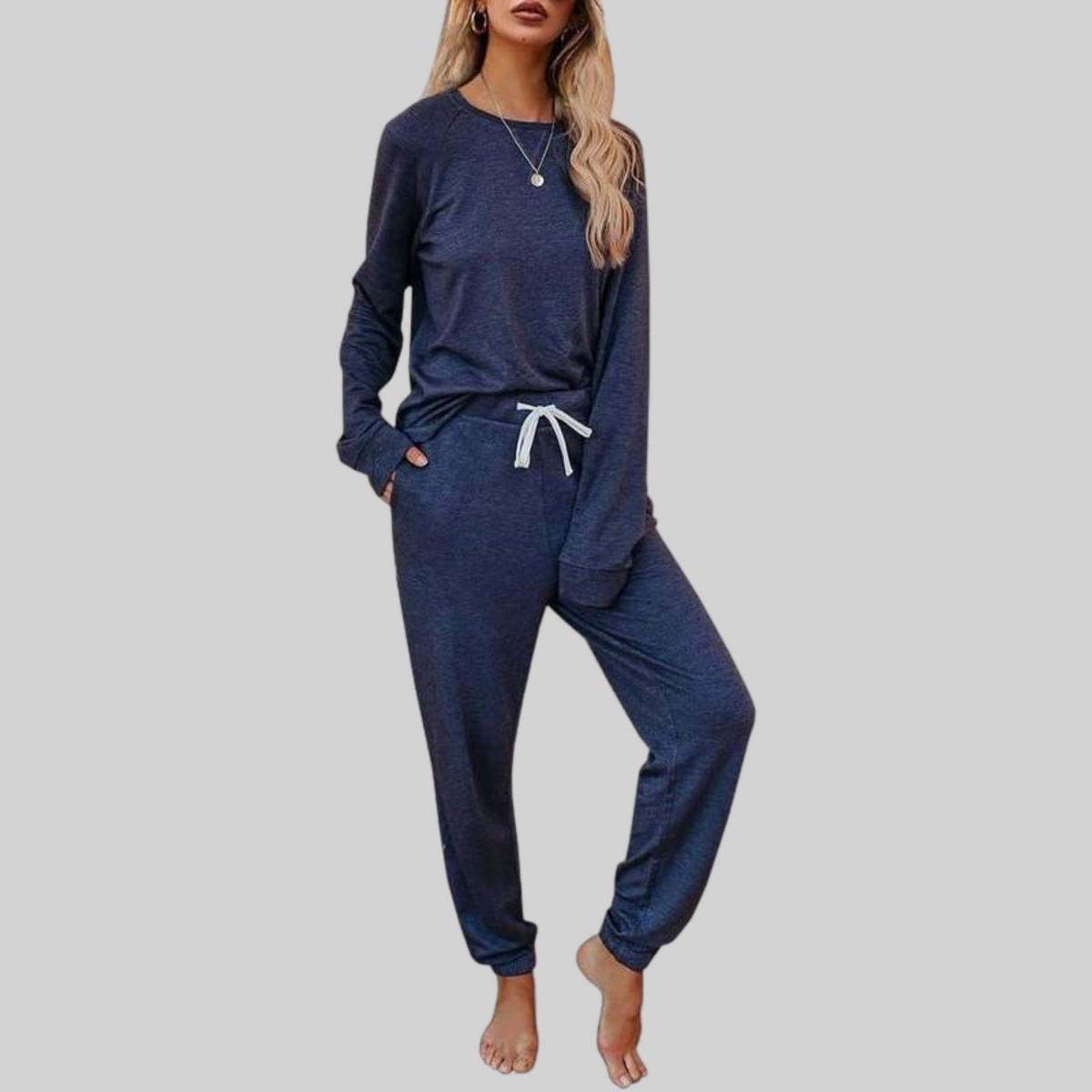 Mercer & Bloom JOCELYN casual long sleeve top and sweatpants set in soft fabric, shown in a relaxed, comfortable fit.