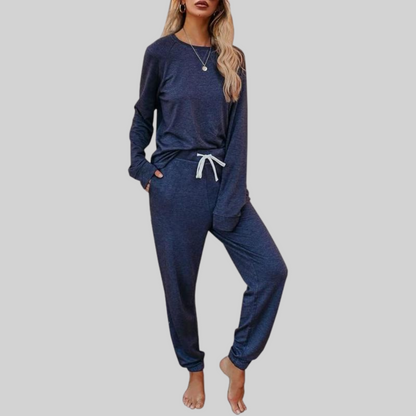 Mercer & Bloom JOCELYN casual long sleeve top and sweatpants set in soft fabric, shown in a relaxed, comfortable fit.