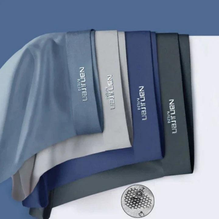 Homixa men's breathable solid-color boxer shorts, 4-pack with wide waistbands, shown in various colors on a flat lay.