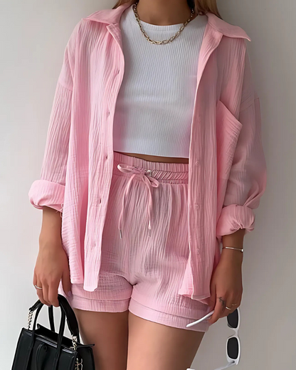 Loppist VERA™ modern button-up shorts set featuring a stylish top and matching shorts, perfect for casual summer wear.
