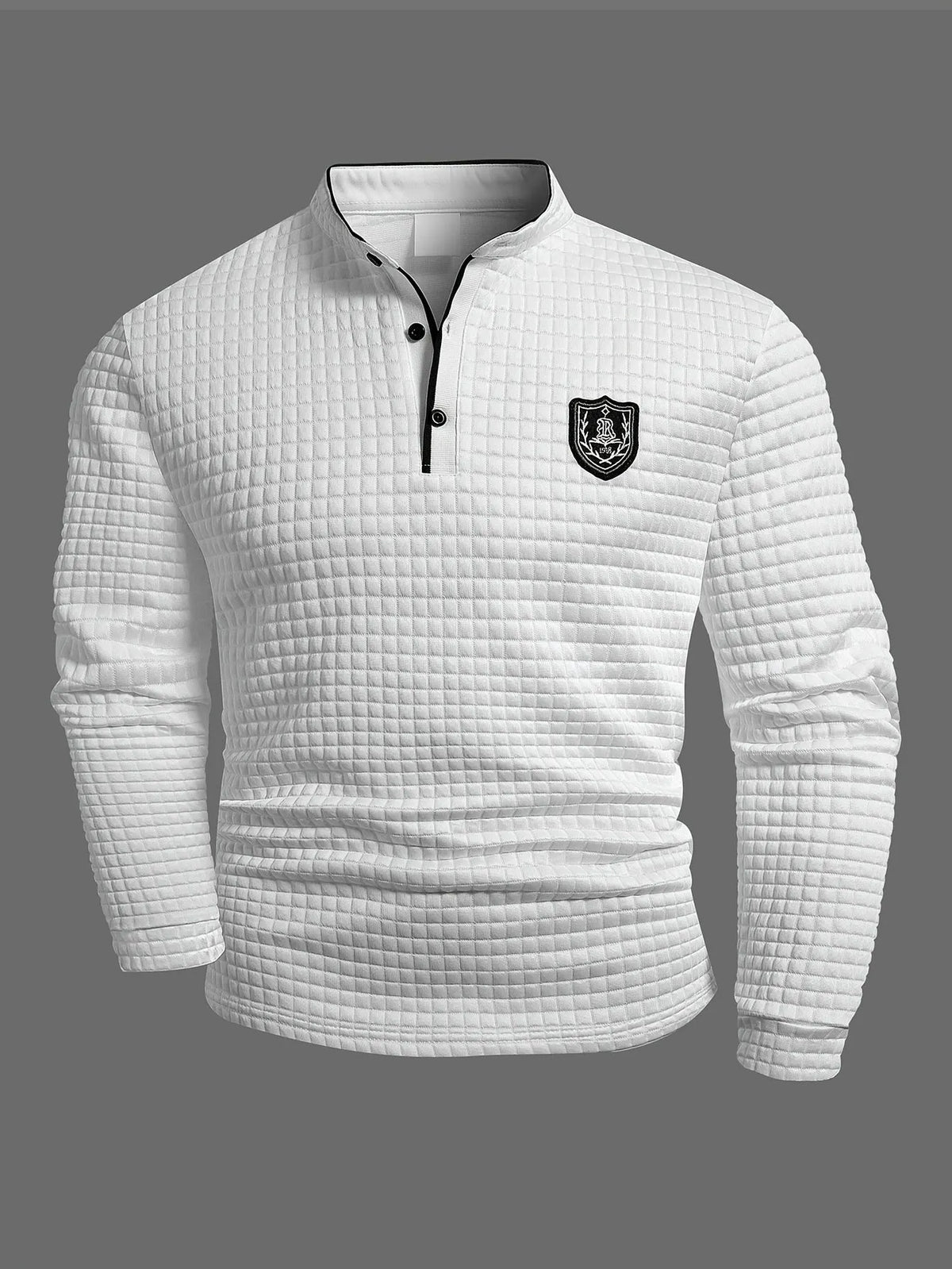 Homixa men's solid color knit Henley shirt with checked button-front design, featuring a classic collar and long sleeves.