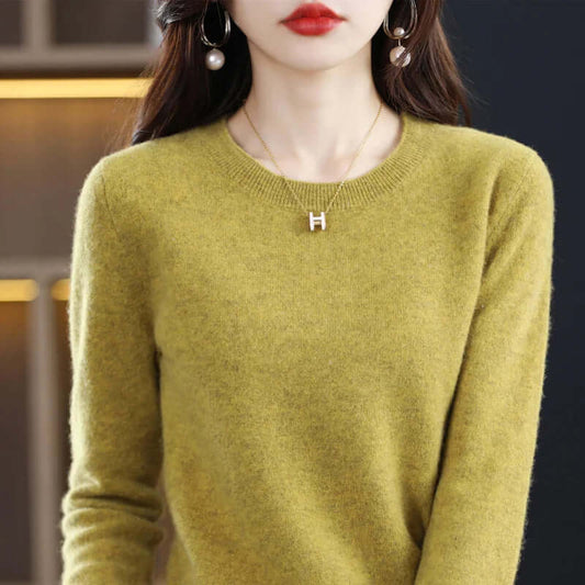 Homixa Belvia women's fine-knit crew-neck sweater with ribbed cuffs and solid color finish, showcasing a comfortable, stylish knit sweater.