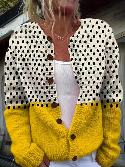 Homixa casual polka-dot knit cardigan with long sleeves and button front, perfect for a cozy, stylish layered look.