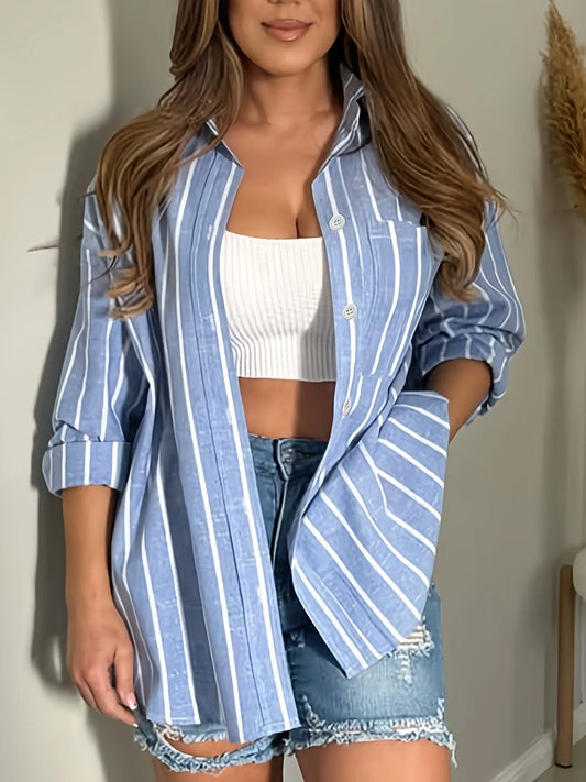 Homixa Jamie women's striped button-front shirt with point collar and chest pocket, featuring stylish design and comfortable fit.