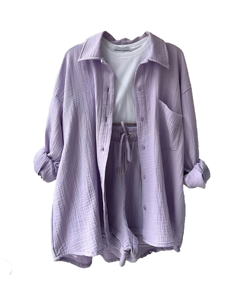 Loppist VERA™ modern button-up shorts set featuring a stylish top and matching shorts, perfect for casual summer wear.