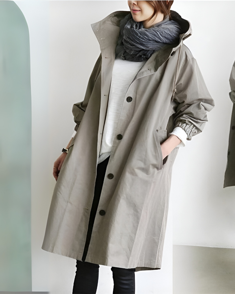 Beckmiller Classic Hooded Trench Coat in beige, featuring a hood, button closure, and tailored fit for a timeless outerwear look.
