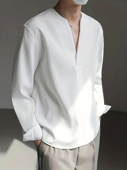 Homixa men's solid color V-neck long sleeve Henley shirt displayed with buttons and a relaxed fit, in a neutral tone.