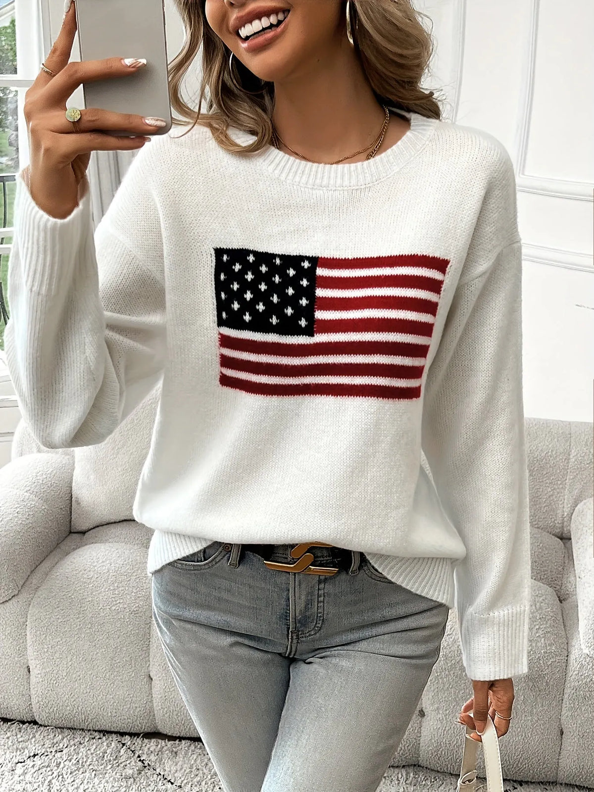 Homixa casual American flag pullover sweater with medium-stretch fabric, featuring patriotic design and comfortable fit.