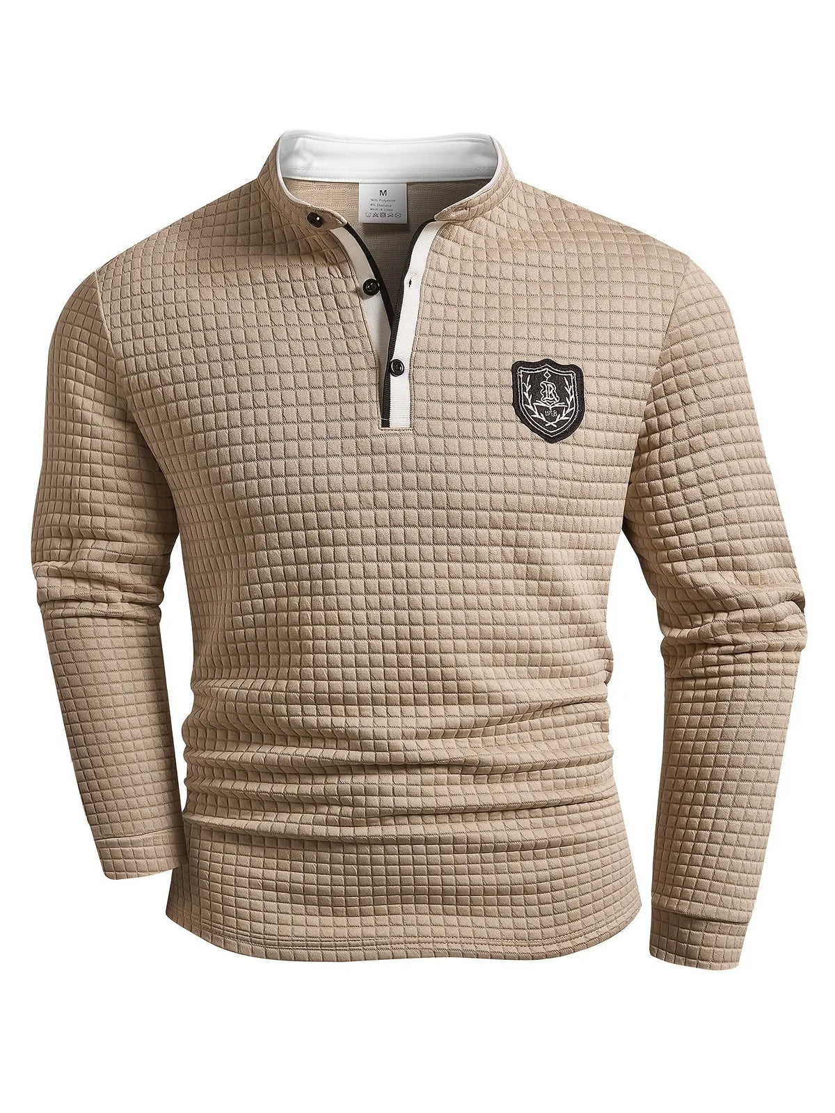 Homixa men's solid color knit Henley shirt with button-front and checked pattern, featuring a classic collar and long sleeves.