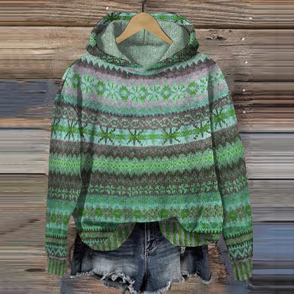 Gaby ethnic retro hoodie by Sarah & Kate Charleston featuring vibrant patterns and a cozy fit, front view image.