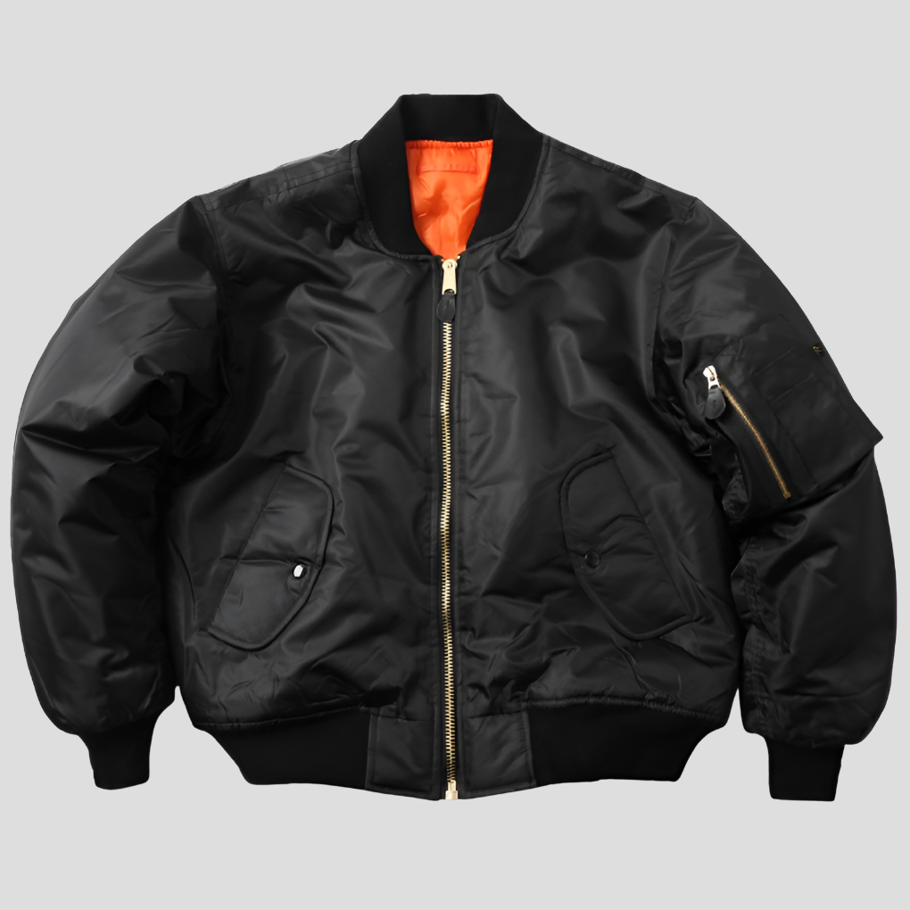 Black women’s unisex classic bomber jacket by Beckmiller, featuring a stylish, versatile design with a ribbed collar and cuffs.
