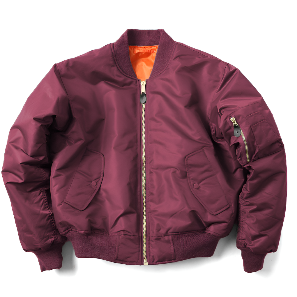 Beckmiller women's unisex classic bomber jacket in burgundy, stylish lightweight jacket with ribbed cuffs and collar.
