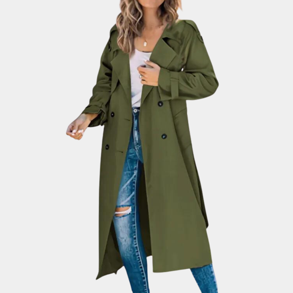 Homixa women's trench coat with button details in army green, featuring a classic design and tailored fit.