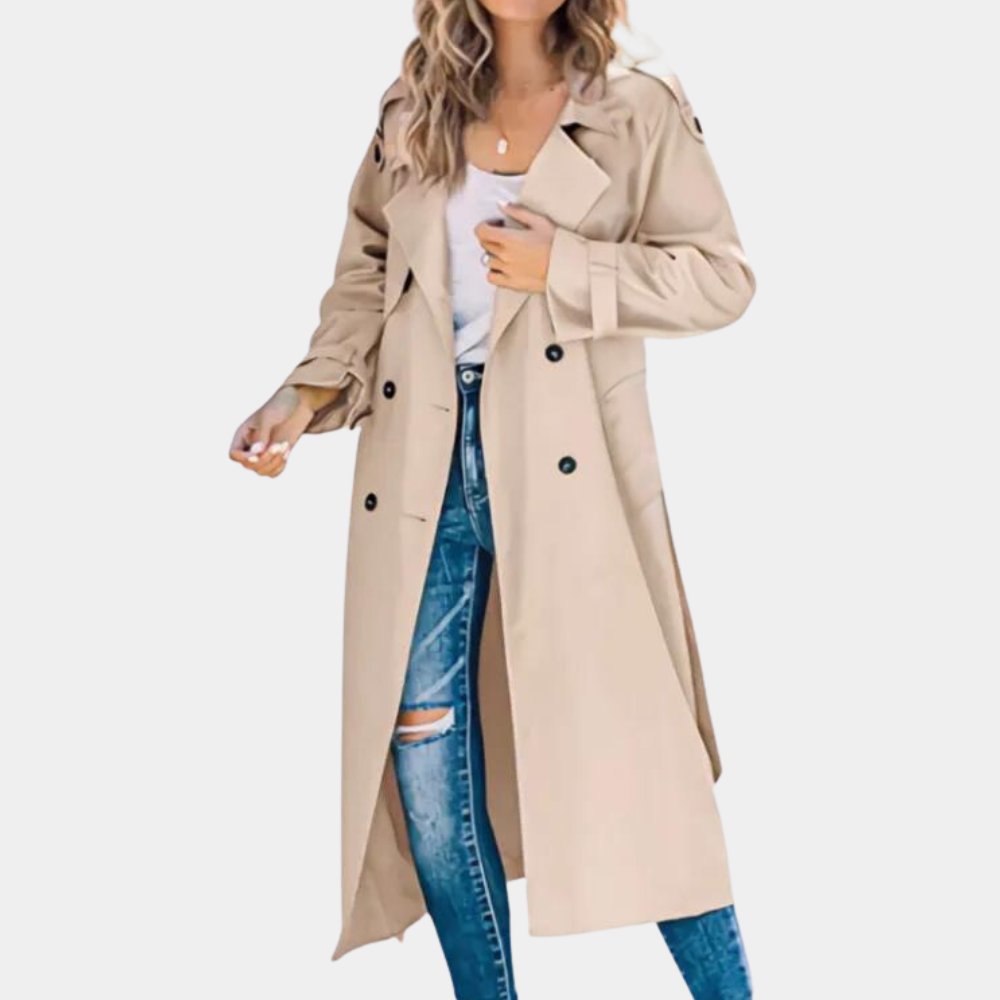Khaki women's trench coat by Homixa with button details, styled with a classic fit and sleek design, from the Freya Edit collection.