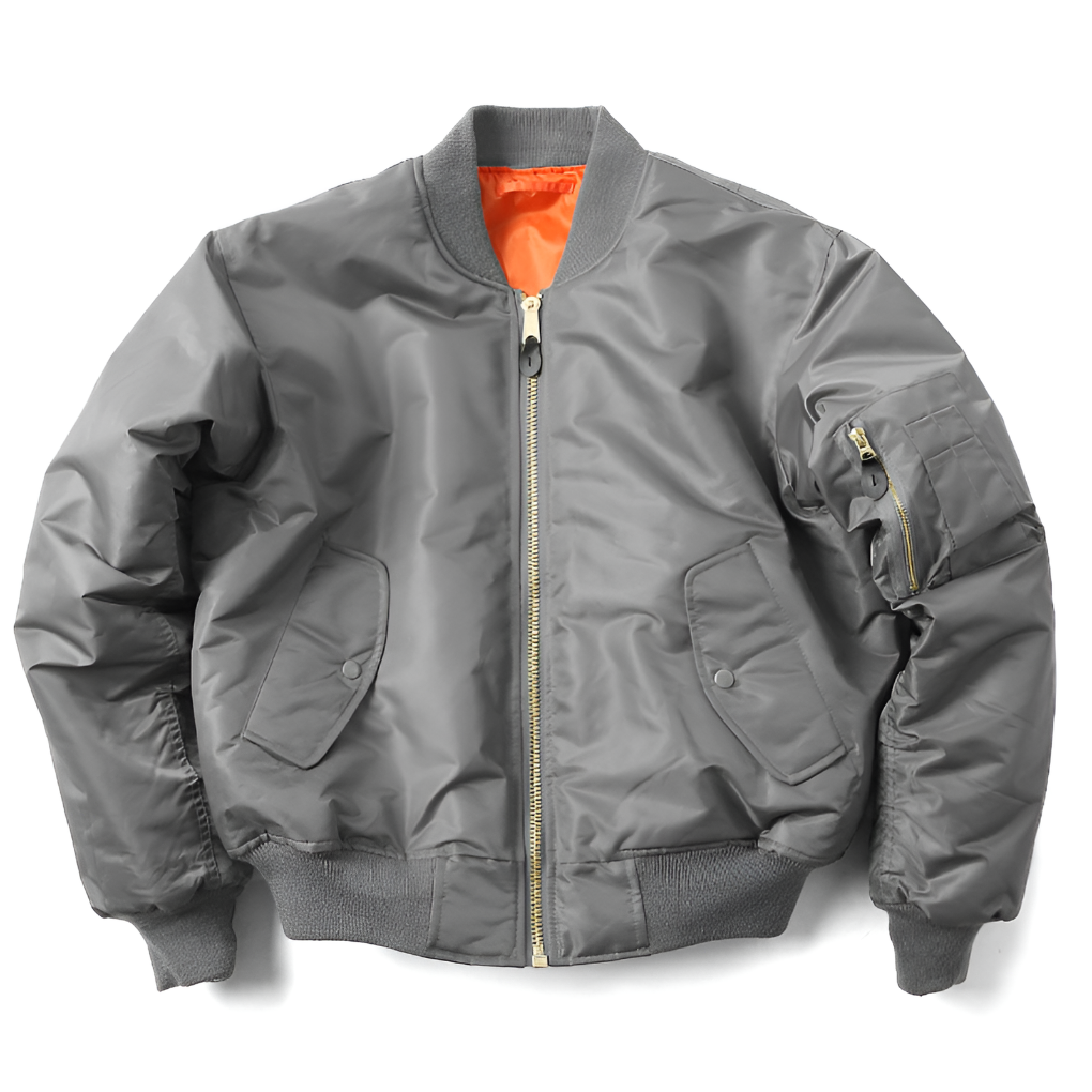 Dark gray women's unisex classic bomber jacket by Beckmiller, featuring a fitted collar and ribbed cuffs.