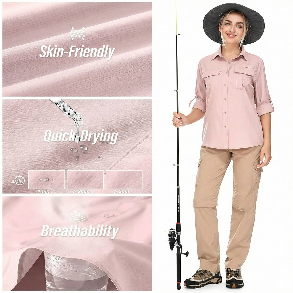 Homixa Caesene women's long-sleeve hiking shirt with roll-tab sleeves, point collar, and chest pockets, suitable for outdoor activities.