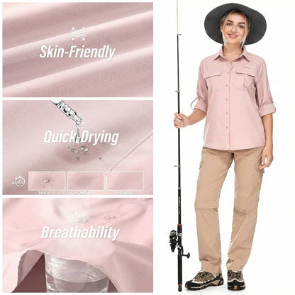 Homixa Caesene women's long-sleeve hiking shirt with roll-tab sleeves, point collar, and chest pockets, suitable for outdoor activities.