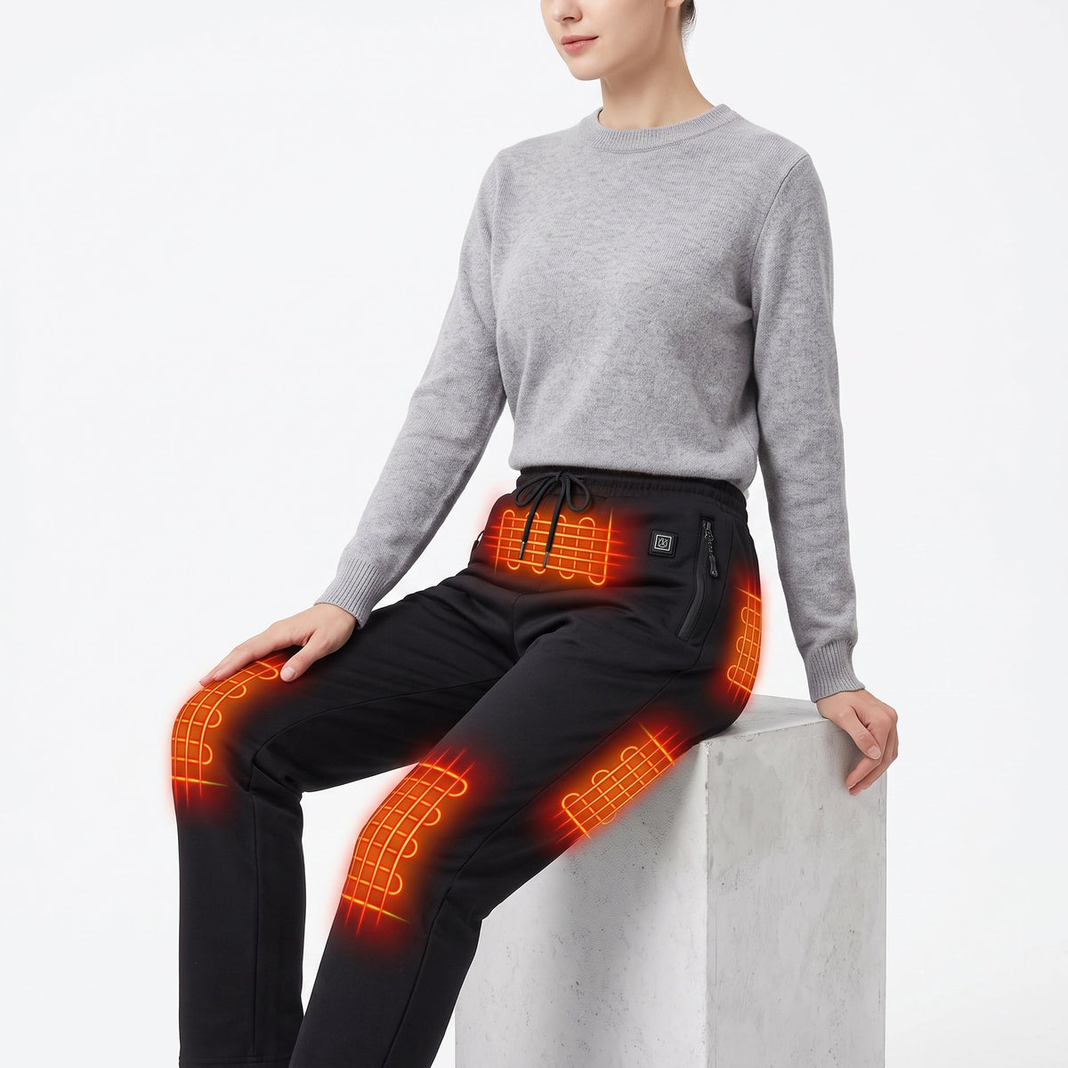 Homixa Belnelle unisex heated sweatpants with eight heating zones and USB power, featuring adjustable heat levels and comfortable fit.