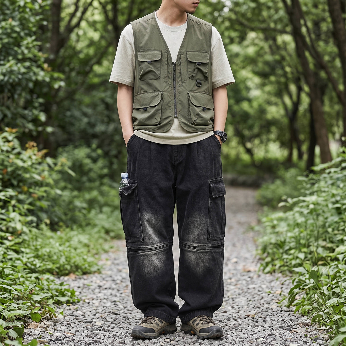 Homixa Caerielle men's heavyweight cargo jeans with loose fit, thigh pockets, and knee seams, shown in a detailed product image.
