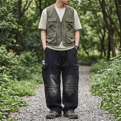 Homixa Caerielle men's heavyweight cargo jeans with loose fit, thigh pockets, and knee seams, shown in a detailed product image.