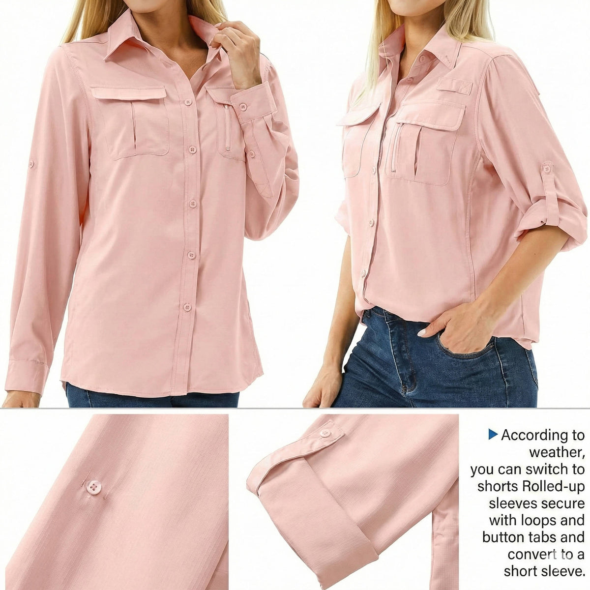 Homixa women's long-sleeve hiking blouse with roll-tab sleeves, point collar, and chest pockets, suitable for outdoor adventures.