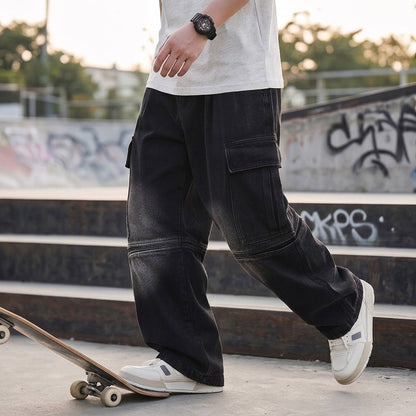Homixa Caerielle men's heavyweight cargo jeans featuring loose fit, thigh pockets, and knee seams, shown in the image.