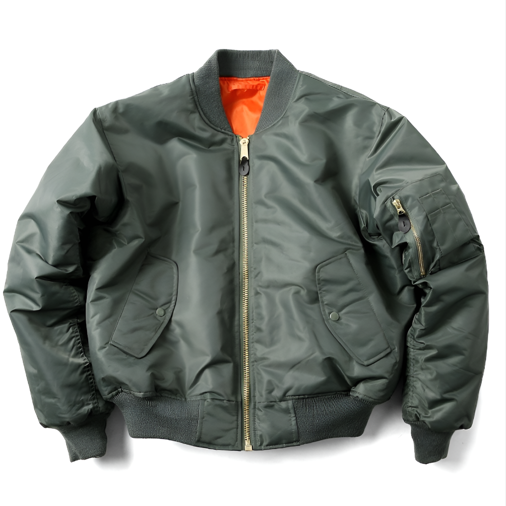 Green women's unisex classic bomber jacket by Beckmiller, featuring a stylish, fitted design with ribbed cuffs and collar.