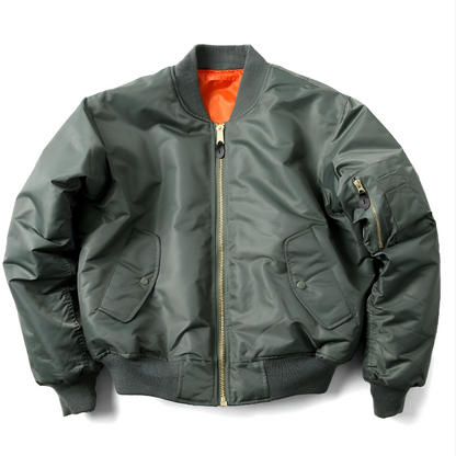 Green women's unisex classic bomber jacket by Beckmiller, featuring a stylish, fitted design with ribbed cuffs and collar.