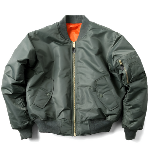 Green women's unisex classic bomber jacket by Beckmiller, featuring a stylish, fitted design with ribbed cuffs and collar.