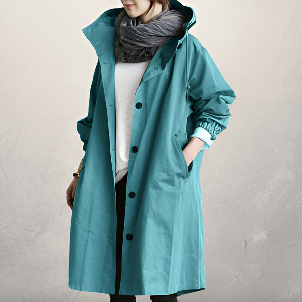 Beckmiller Classic Hooded Trench Coat in neutral color, featuring a waist belt and button details, stylish and waterproof outerwear.