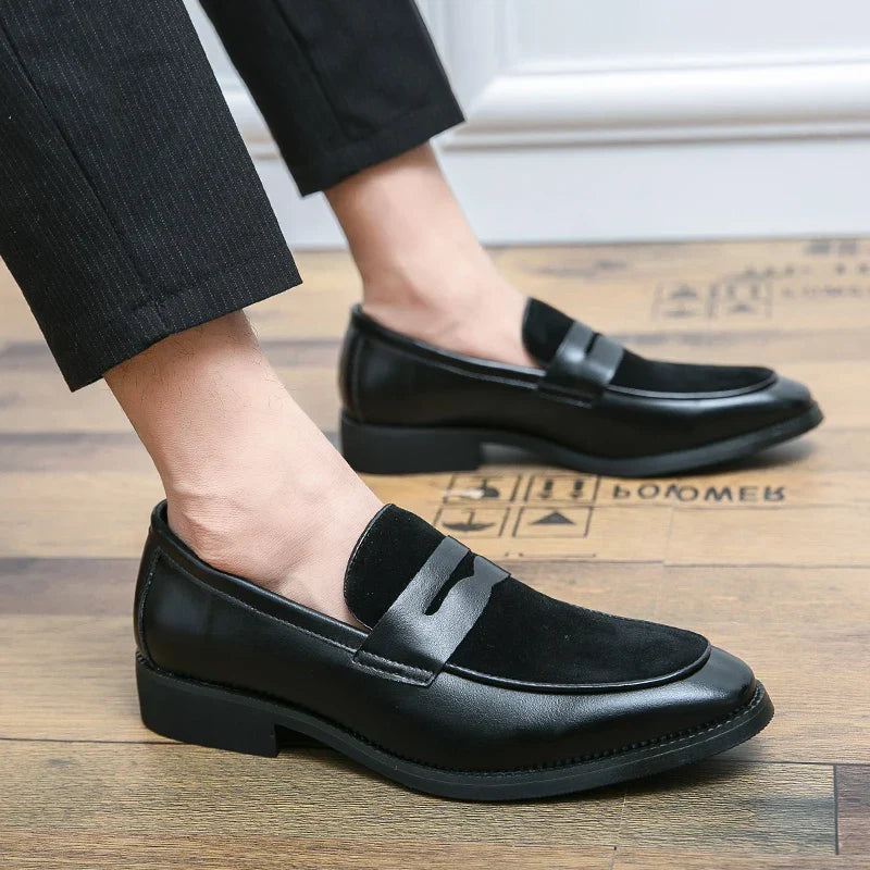 Homixa men's leather loafers in dark suede, casual slip-on footwear with stylish design and comfortable fit.