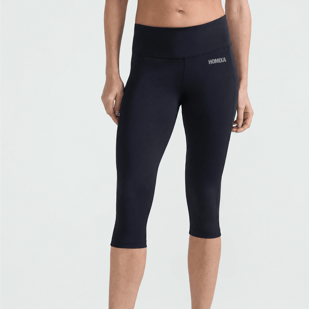 Black Homixa Tech Capri women's leggings shown on a model, featuring a sleek fit and comfortable stretch fabric.