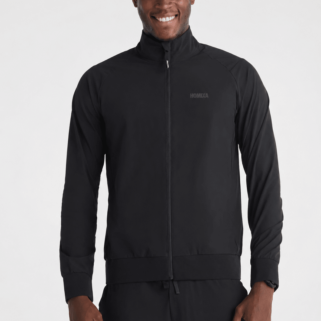 Homixa men's black sports jacket with track shield design, featuring a sleek athletic fit and lightweight, breathable fabric.