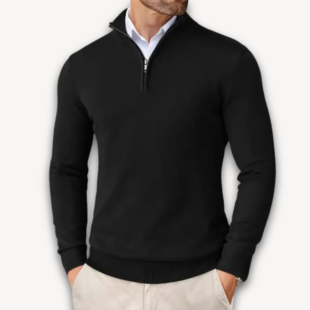 Lightweight men's knit sweater by Homixa with quarter-zip and zip-front, made of comfortable cotton fabric.