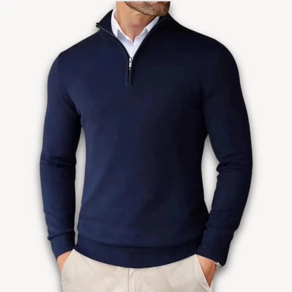 Lightweight men's knit sweater by Homixa featuring a quarter-zip and zip-front, made from soft cotton fabric.