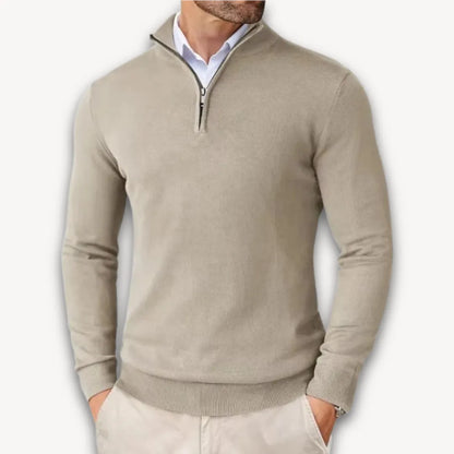Lightweight men's knit sweater by Homixa featuring a quarter-zip front, made from breathable cotton fabric, in a neutral color.