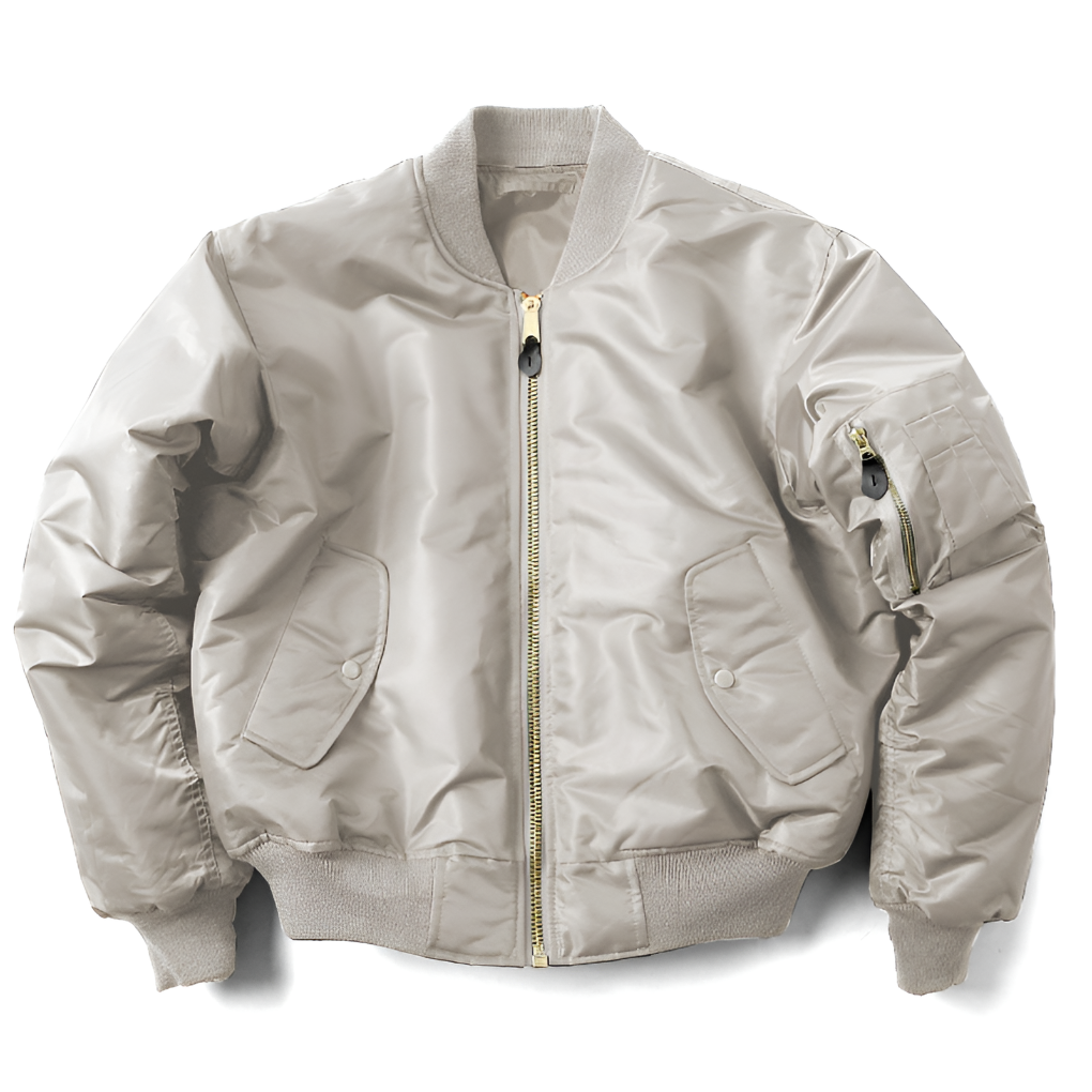 Women’s unisex classic bomber jacket by Beckmiller in light gray, featuring a sleek design and ribbed cuffs and collar.