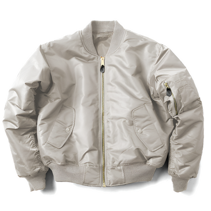 Women’s unisex classic bomber jacket by Beckmiller in light gray, featuring a sleek design and ribbed cuffs and collar.