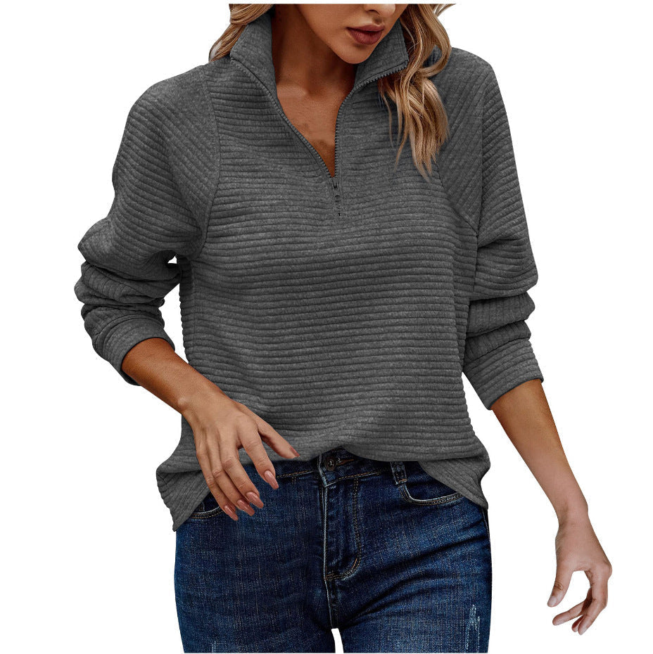 Homixa women's knit sweater with ribbed details and quarter-zip, shown in a cozy gray color.
