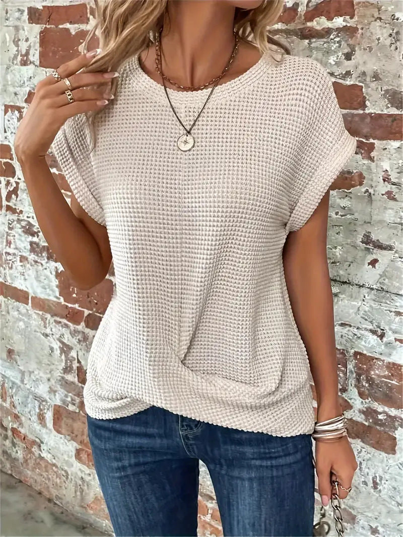 Sylvia™ waffle knit casual tee in soft fabric, featuring a relaxed fit and classic crew neck design.