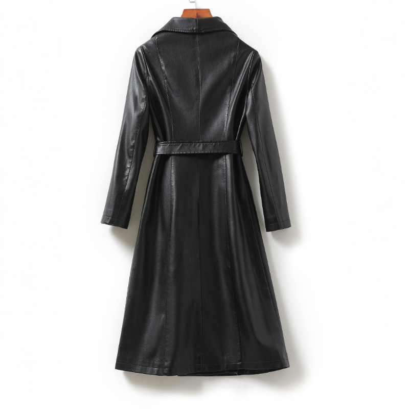 Jack Hafford Chelsea sheepskin leather trench coat with classic design and smooth leather texture, displayed on a hanger.