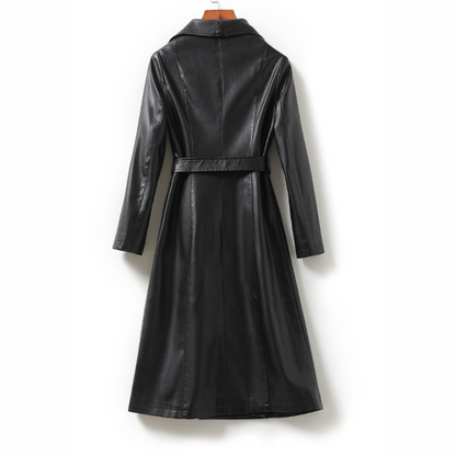 Jack Hafford Chelsea sheepskin leather trench coat with classic design and smooth leather texture, displayed on a hanger.