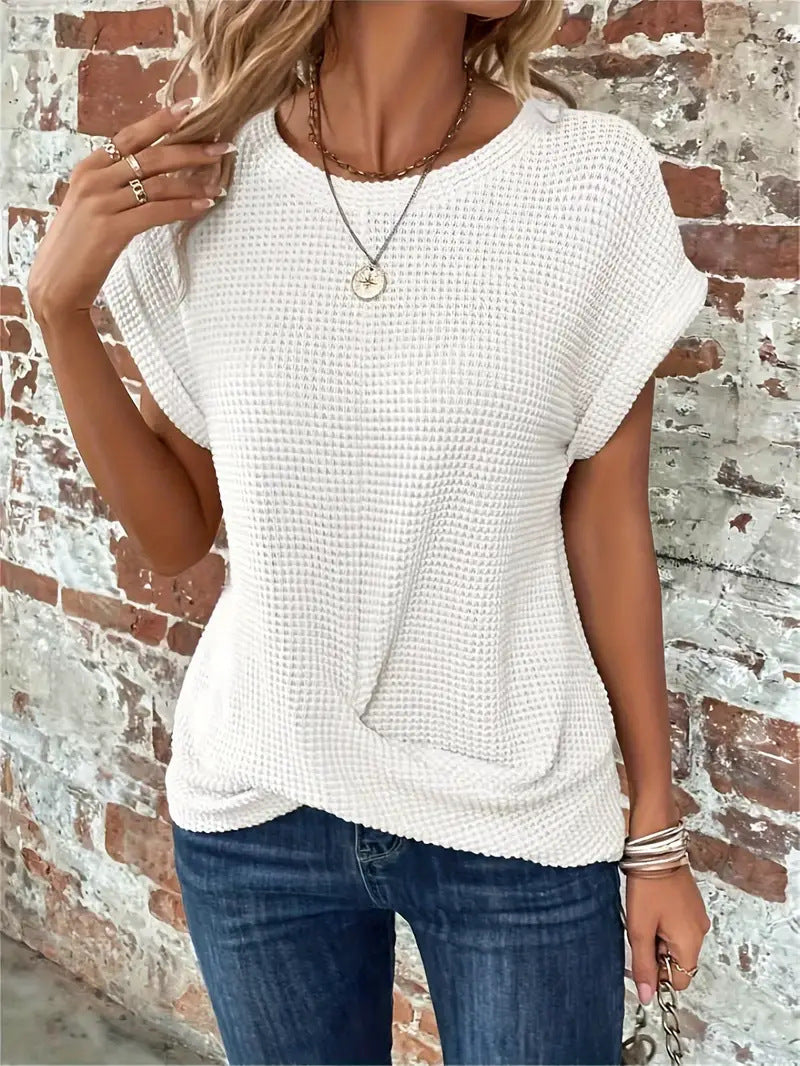 Sylvia™ waffle knit casual tee in soft fabric, featuring a relaxed fit and textured knit pattern, ideal for everyday wear.