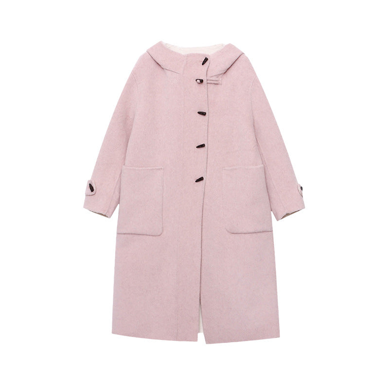 Homixa Women's mid-length hooded toggle coat with patch pockets, relaxed fit, and toggle front, stylish overcoat for cold weather.