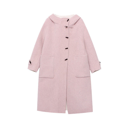 Homixa Women's mid-length hooded toggle coat with patch pockets, relaxed fit, and toggle front, stylish overcoat for cold weather.