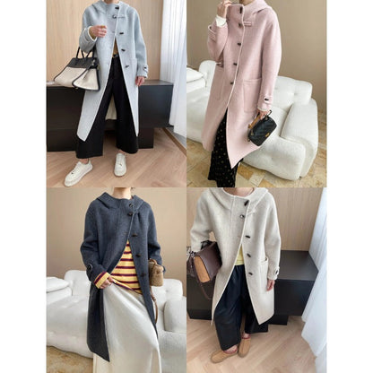 Homixa Women's mid-length hooded toggle coat with relaxed fit, patch pockets, and toggle front, stylish overcoat for cold weather.